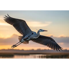 Obraz premium Majestic Heron in Flight at Sunrise.