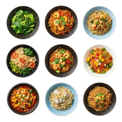 Assortment Of Delicious Noodles Plates Asian Cuisine Fine Dining Restaurant Setting Tempting Noodle Dishes With Vegetables Meat And Seafood