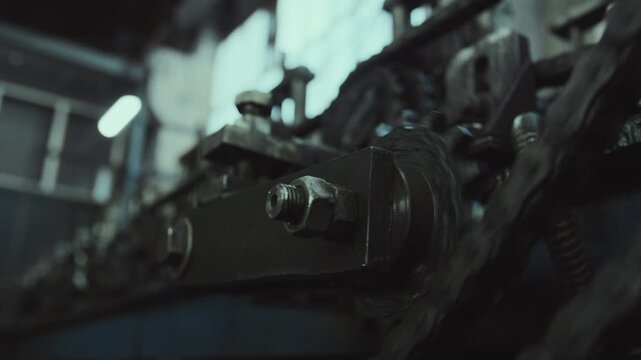 Close up view of a heavy duty metal roller chain and sprocket mechanism from a conveyor belt operating inside a factory, showcasing industrial manufacturing and automation technology in motion
