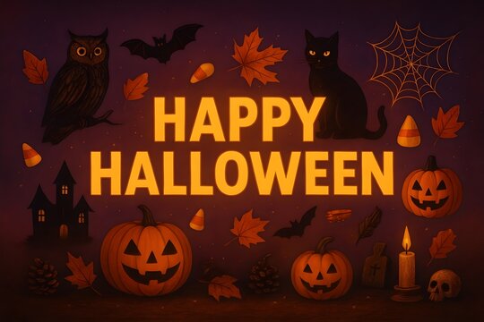 Happy Halloween Collage with Pumpkins, Cat, and Autumn Elements, Festive Halloween Illustration with Jack-o’-Lanterns and Spooky Symbols,generative ai
