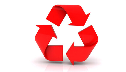 Red recycling symbol with three arrows forming triangle, representing collection, processing, and reuse in sustainability.