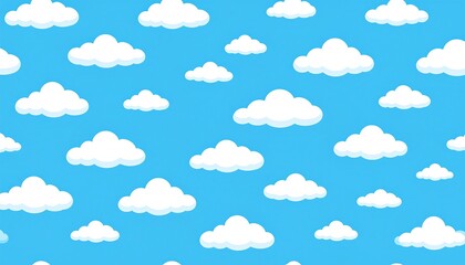 A seamless cartoon-style background featuring fluffy white clouds scattered across a bright, vibrant, azure sky. The design is simple and playful