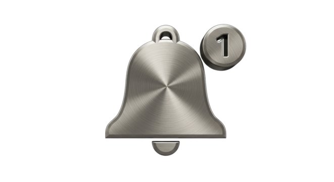 Notification bell icon with the number one, isolated on white background