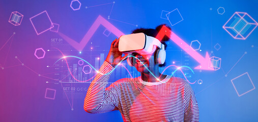 A captivating image showing a user in virtual reality gear, engaging with visual data. The scene emphasizes the relationship between technology and economic trends in a downtrend. XDMCP