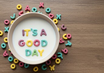 Colorful breakfast cereal forming positive phrase "It's A Good Day" in milk bowl.