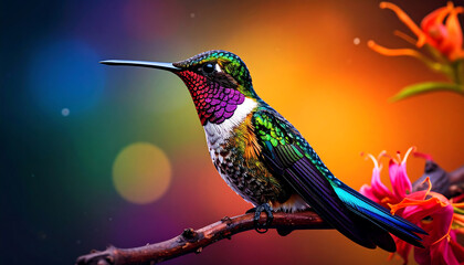 Iridescent hummingbird with green wings and purple throat perched near vibrant flowers against colorful gradient background.