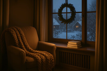 A cozy corner by the window at dusk . A reading chair with a caramel-colored knitted blanket, a stack of books on the windowsill, a fir wreath on the window frame, a snowy evening, warm interior light