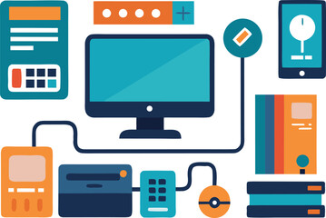 Fototapeta premium Scalable vector illustration of computer setup and it worker accessories for digital projects isolated on transparent background
