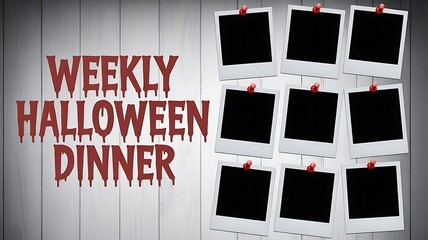 Weekly halloween dinner text with blank photo frames on wooden background