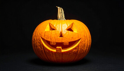 Carved jack-o'-lantern with triangular eyes, nose, and toothy smile on black background for Halloween decoration.