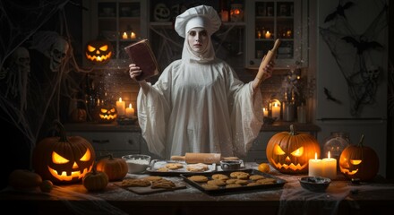 Ghostly chef with rolling pin and book baking cookies baking class