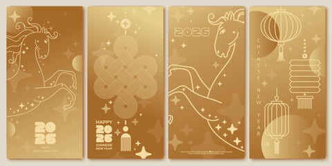 Chinese New Year vector design. 2026 year of the Horse. Lunar new year concept. Design for calendar, cover, flyer.. Golden and white shades.