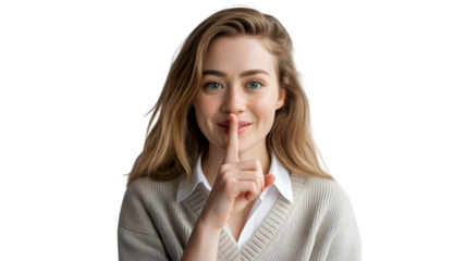 Young woman with finger on lips asking for silence isolated on transparent background