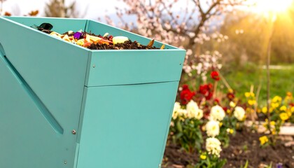 Teal compost bin in garden
