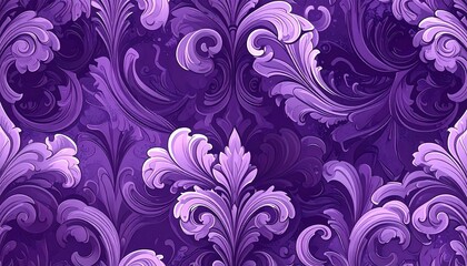 A seamless pattern featuring intricate, stylized floral and leaf swirls in varying shades of purple and lavender. This baroque design evokes elegance
