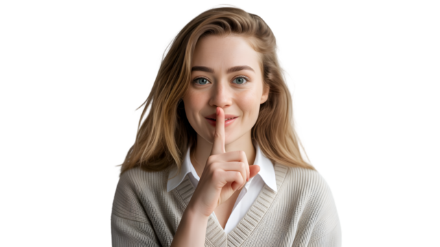 Young woman with finger on lips asking for silence isolated on transparent background