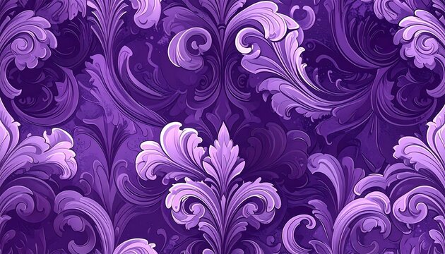A seamless pattern featuring intricate, stylized floral and leaf swirls in varying shades of purple and lavender. This baroque design evokes elegance