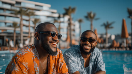 Two happy male friends wearing sunglasses and stylish clothing are relaxing poolside on a sunny vacation, enjoying a refreshing drink and the summer resort atmosphere.