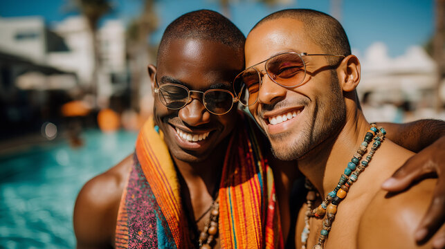 A close-up portrait of two cheerful male friends with bright smiles, hugging each other by a swimming pool, capturing a joyful moment of friendship and togetherness on vacation.