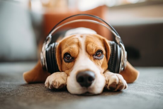 Beagle dog with headphones relaxing on a couch