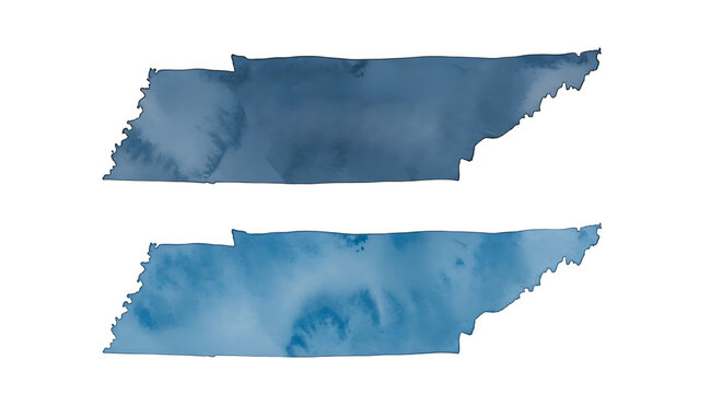Illustration of two watercolor brush stroke shapes resembling the state of tennessee in shades of blue, isolated on transparent background