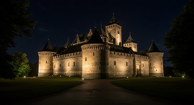 Illuminated castle at night with spires and towers on a green lawn - Powered by Adobe