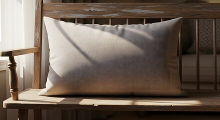 Cozy Pillow on a Wooden Bench A Serene and Comfortable Scene in Natural Light