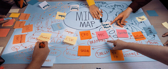 Engaging scene of a collaborative brainstorming session where diverse hands create a colorful mind map on paper, showcasing teamwork and innovative ideas in a modern office setting. SACTR