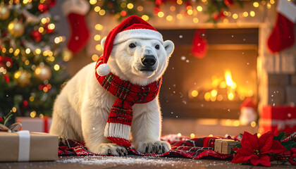 Festive polar bear in Santa hat and scarf standing before lit Christmas tree with gifts and snowy forest.