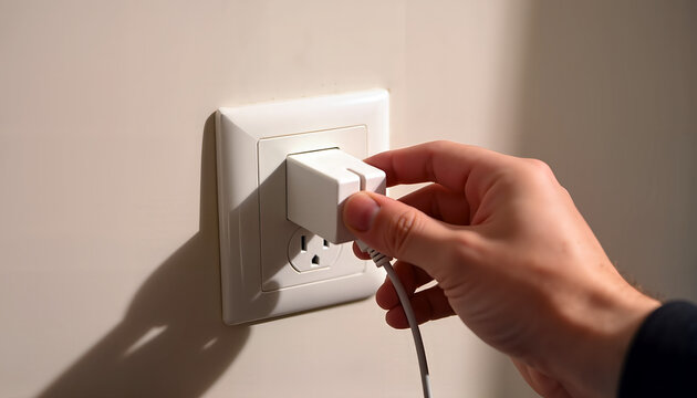 Hand unplugging the phone charger from the electrical socket  
