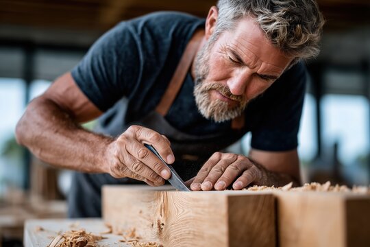 Man focused on woodworking carving a piece of wood with a chisel