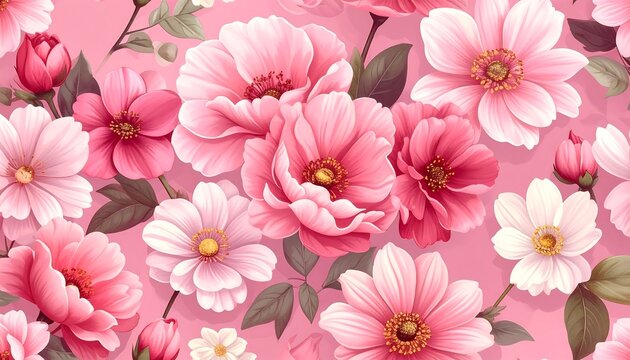 A seamless pattern showcases a profusion of delicately painted pink flowers, with various bloom sizes and types, scattered on a light background