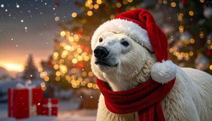 Festive polar bear in Santa hat and scarf standing before lit Christmas tree with gifts and snowy forest.