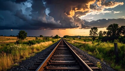 Fototapeta premium A perspective shot down train tracks leading into a vivid, dramatic sky. Fields flank the rails, framed by trees