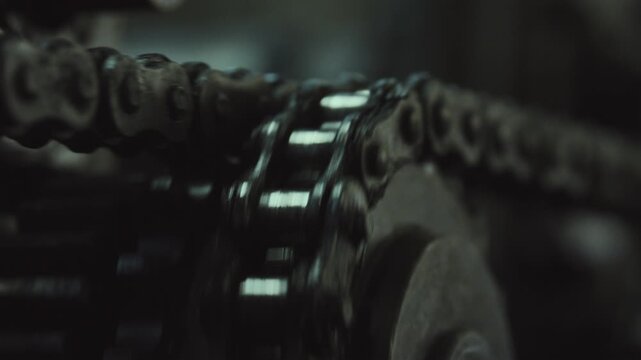 Close up of a greasy metal roller chain rapidly rotating on a gear sprocket, showcasing industrial machinery parts in motion inside a dark factory setting with motion blur effect