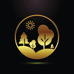 Golden minimalistic forest landscape illustration with sun trees and hills emblem design