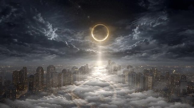 Conceptual image of a radiant city with no sun or moon &mdash; the entire scene glows with the brilliant, divine light of God, symbolizing eternal glory and perfect illumination.
