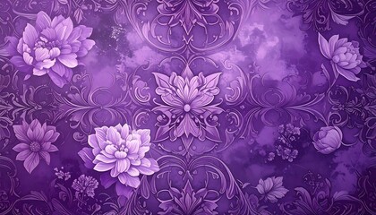 A seamless, purple floral pattern featuring detailed blooms amidst ornate, swirling scrollwork against a cloudy background