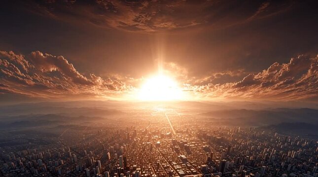 Conceptual image of a radiant city with no sun or moon &mdash; the entire scene glows with the brilliant, divine light of God, symbolizing eternal glory and perfect illumination.
