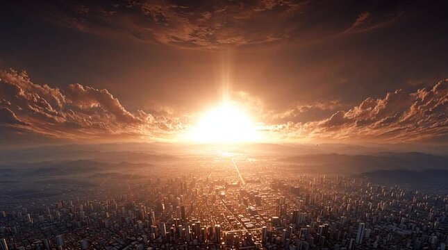 Conceptual image of a radiant city with no sun or moon &mdash; the entire scene glows with the brilliant, divine light of God, symbolizing eternal glory and perfect illumination.
