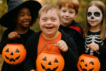Joyful kids in halloween costumes holding pumpkin buckets outdoors