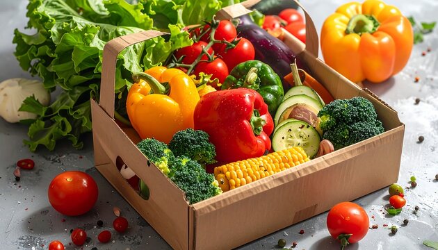 Freshly picked vegetables in a cardboard box - Powered by Adobe