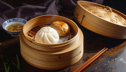 Steamed buns in bamboo steamer