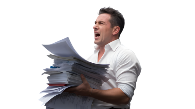 Man overwhelmed with a large stack of papers, isolated on transparent background