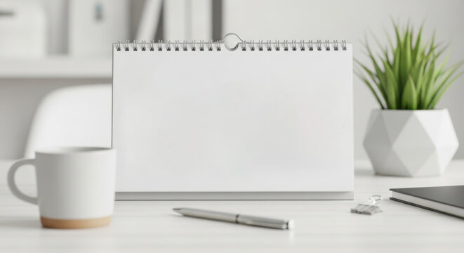A blank spiral-bound desk calendar on a white office desk with a coffee mug, pen, paper clip, notepad, and potted plant. Minimalist style.