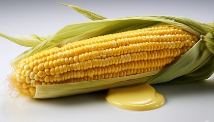 An Ear Of Vibrant Yellow Corn Partially Husked Showcases A Melting Pat Butter That Glistens Invitingly Promising Delectable Taste On Plain White Surface