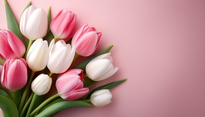 Colorful Bouquet Of Pink And White Tulips Against A Soft Pink Background Perfect For Spring Celebrations