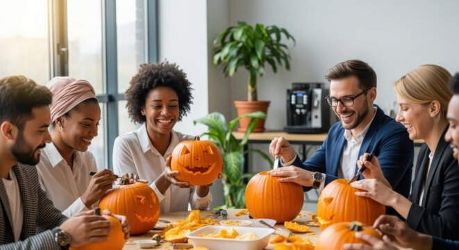 Happy diverse colleagues carving jack-o-lantern pumpkins during Halloween celebration in bright modern office with plants, enjoying teambuilding activity