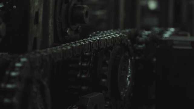 Mechanical drive system in operation, showing a dirty metal roller chain turning gears and sprockets on a conveyor line inside a dark, heavy industry factory with shallow depth of field