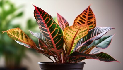 Close Up Macro Photography Of Croton Plant In Pot With Variegated Leaves